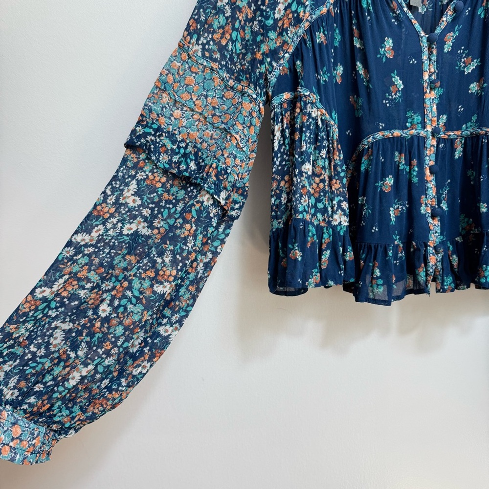 Anthropologie Navy Floral Ruffled Peasant Blouse - Picture 5 of 15